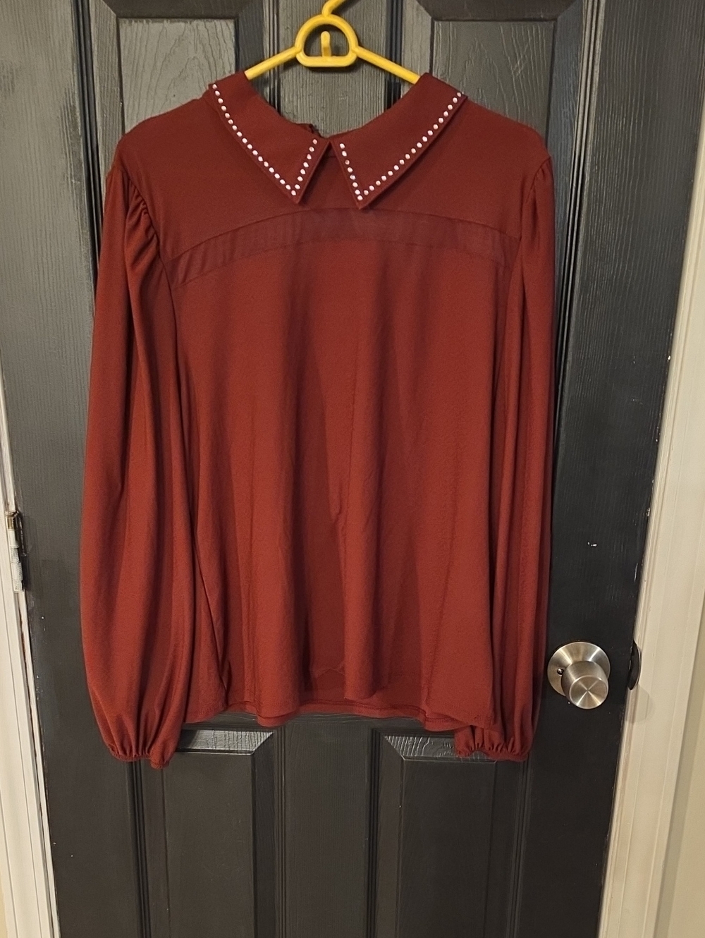 Studded Collar Long-Sleeve Blouse in Deep Red